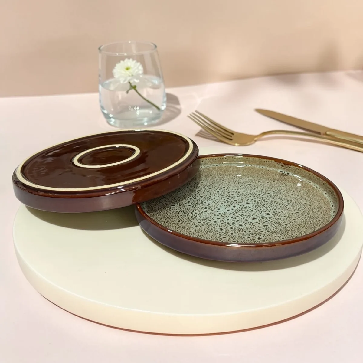 Harmiche BurntAmber Speckled Ceramic Quarter Plates with Rim (Set of 2) – 8 Inch