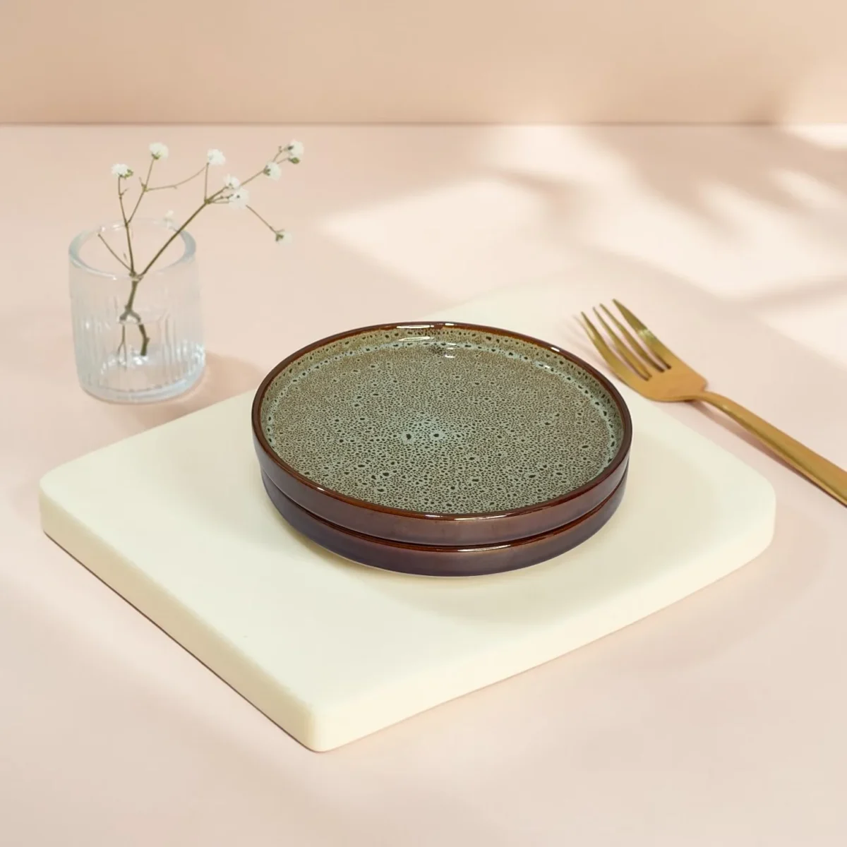 Harmiche BurntAmber Speckled Ceramic Quarter Plates with Rim (Set of 2) – 8 Inch