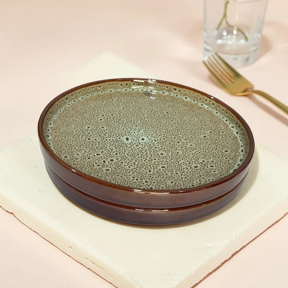 Harmiche BurntAmber Speckled Ceramic Quarter Plates with Rim (Set of 2) – 8 Inch