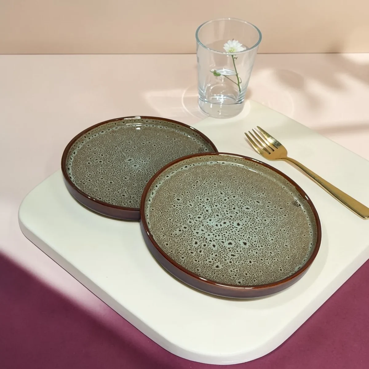 Harmiche BurntAmber Speckled Ceramic Quarter Plates with Rim (Set of 2) – 8 Inch