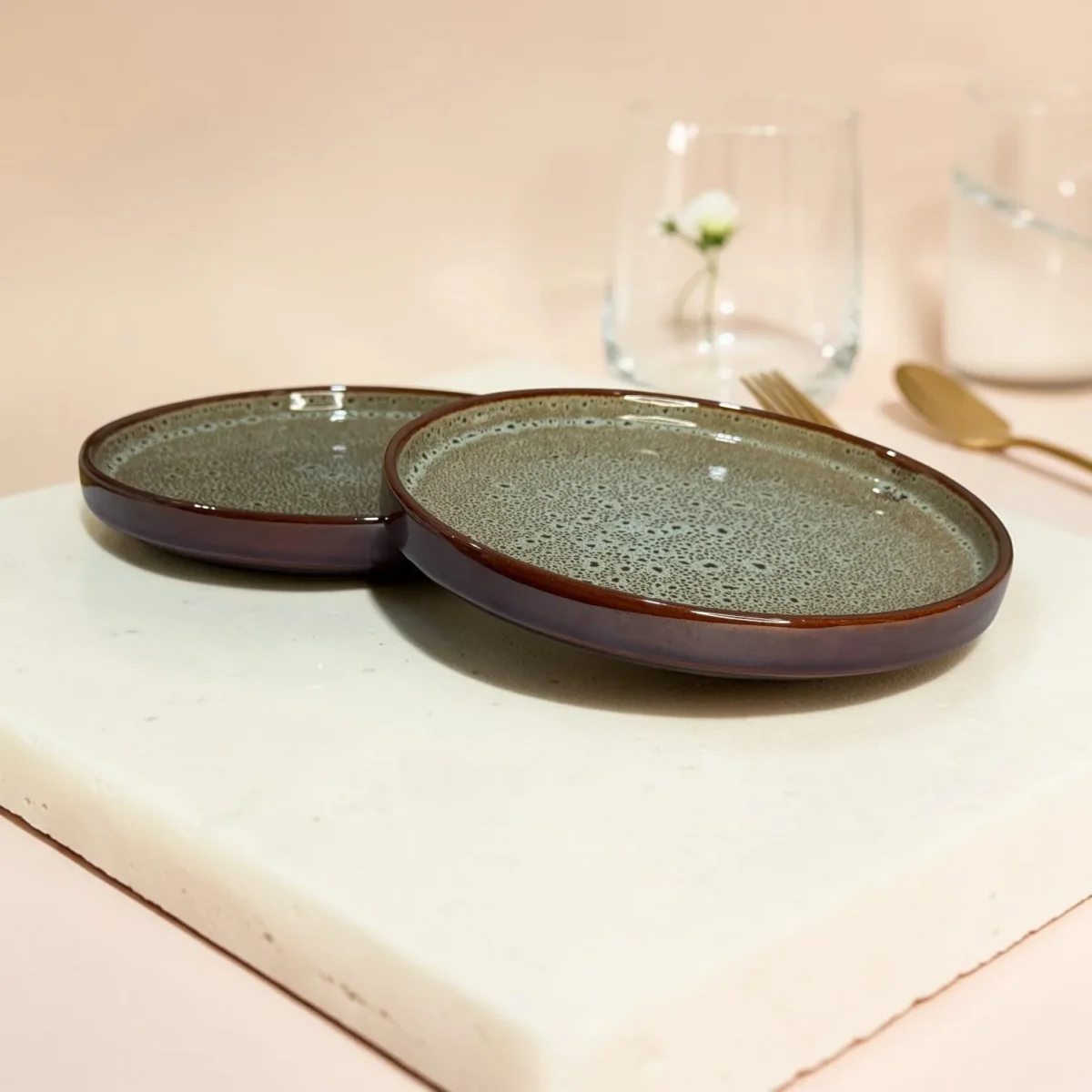 Harmiche BurntAmber Speckled Ceramic Quarter Plates with Rim (Set of 2) – 8 Inch