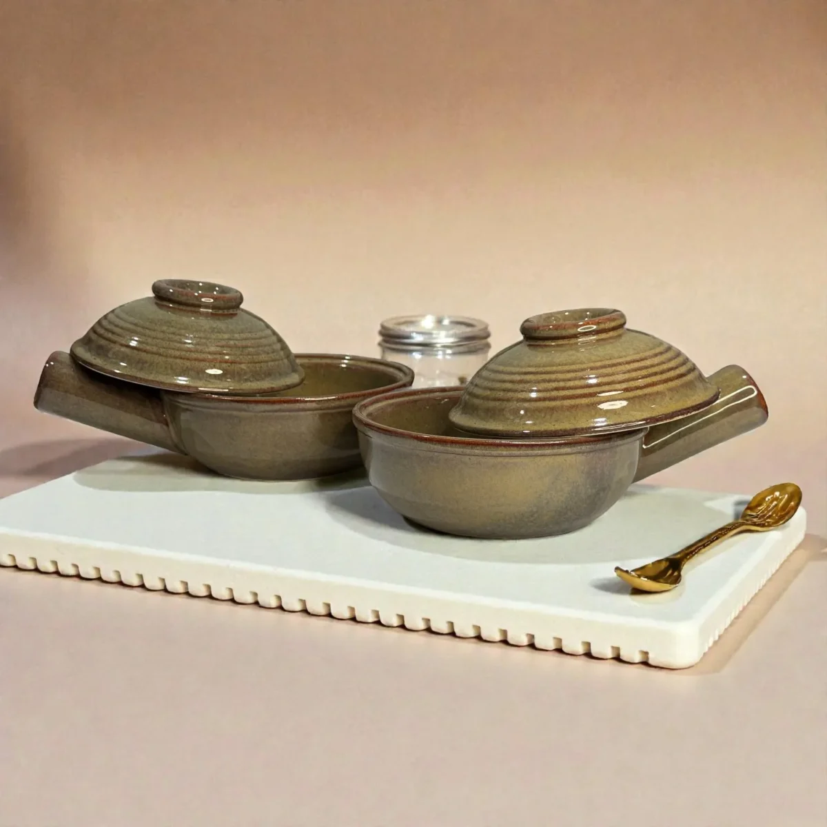 Harmiche TerraHalo Lidded Ceramic Fondue Bowls (Set of 2) – 500 ml | 16 cm