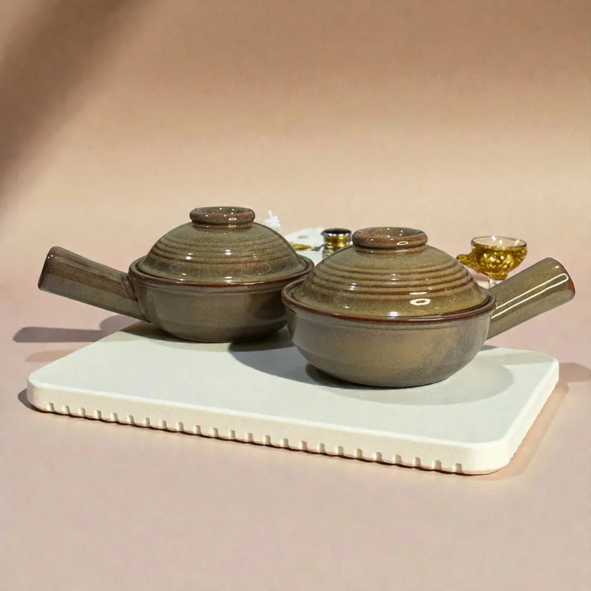 Harmiche TerraHalo Lidded Ceramic Fondue Pots (Set of 2) – 500 ml | 16 cm
