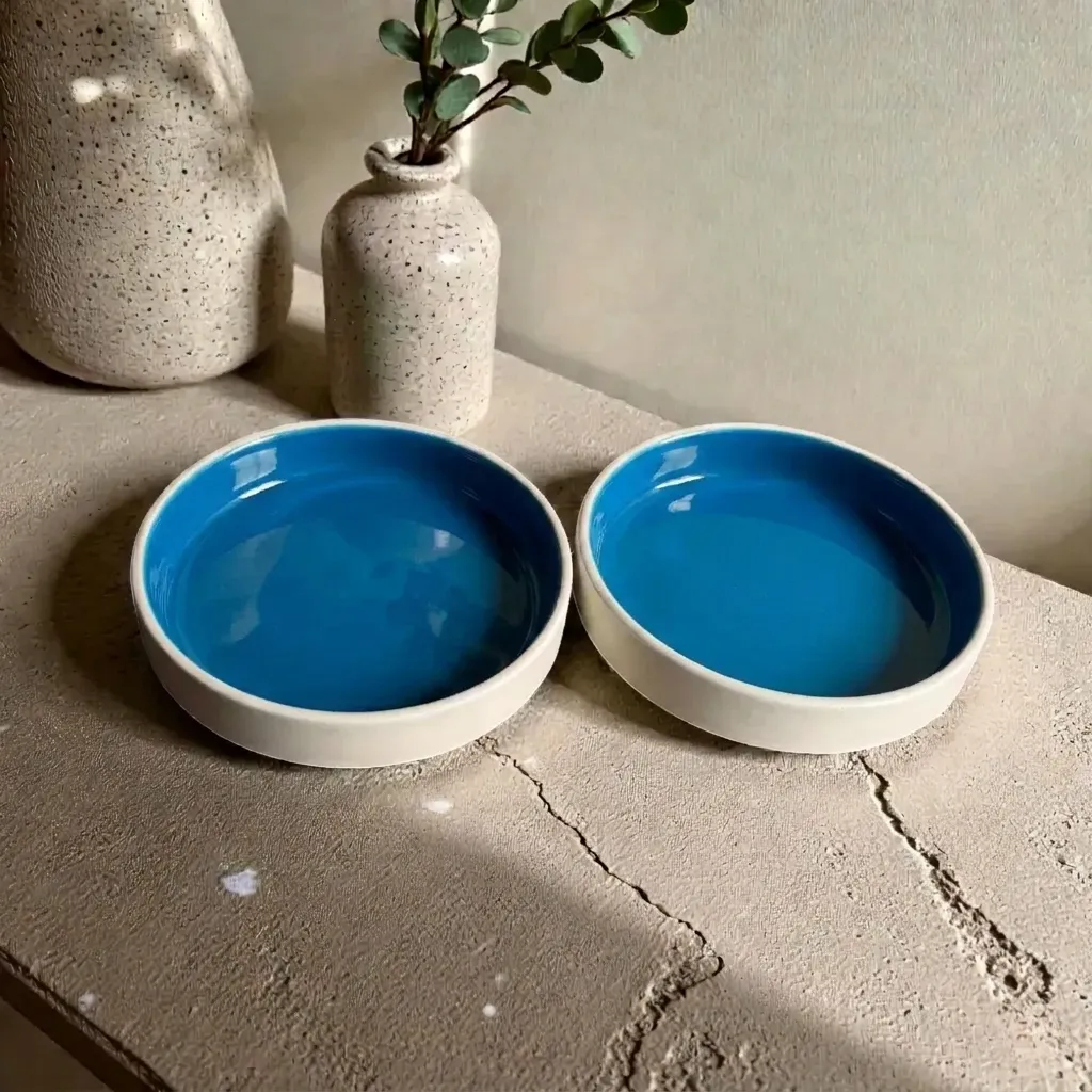Harmiche Blue Lagoon Handcrafted Ceramic Salad Bowls Set of 2 – Cerulean Blue Glaze, Raised Rim, 8 Inch (8″ x 1.5″)