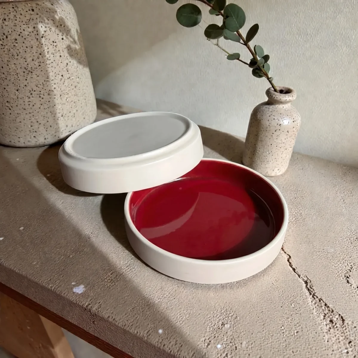 Harmiche Crimson Ember Handcrafted Ceramic Salad Bowls Set of 2 – Deep Red Glaze, Raised Rim, 8 Inch