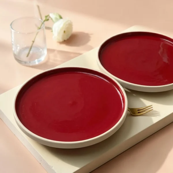 Harmiche Crimson Ember Handcrafted Ceramic Dinner Plates Set of 2 – Deep Red Glaze, Raised Rim, 10 Inch