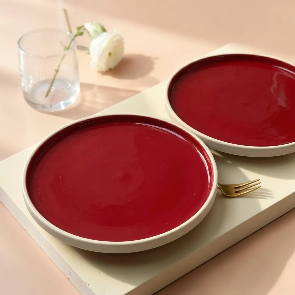 Harmiche Crimson Ember Handcrafted Ceramic Quarter Plates Set of 2 – Deep Red Glaze, Raised Rim, 8 Inch