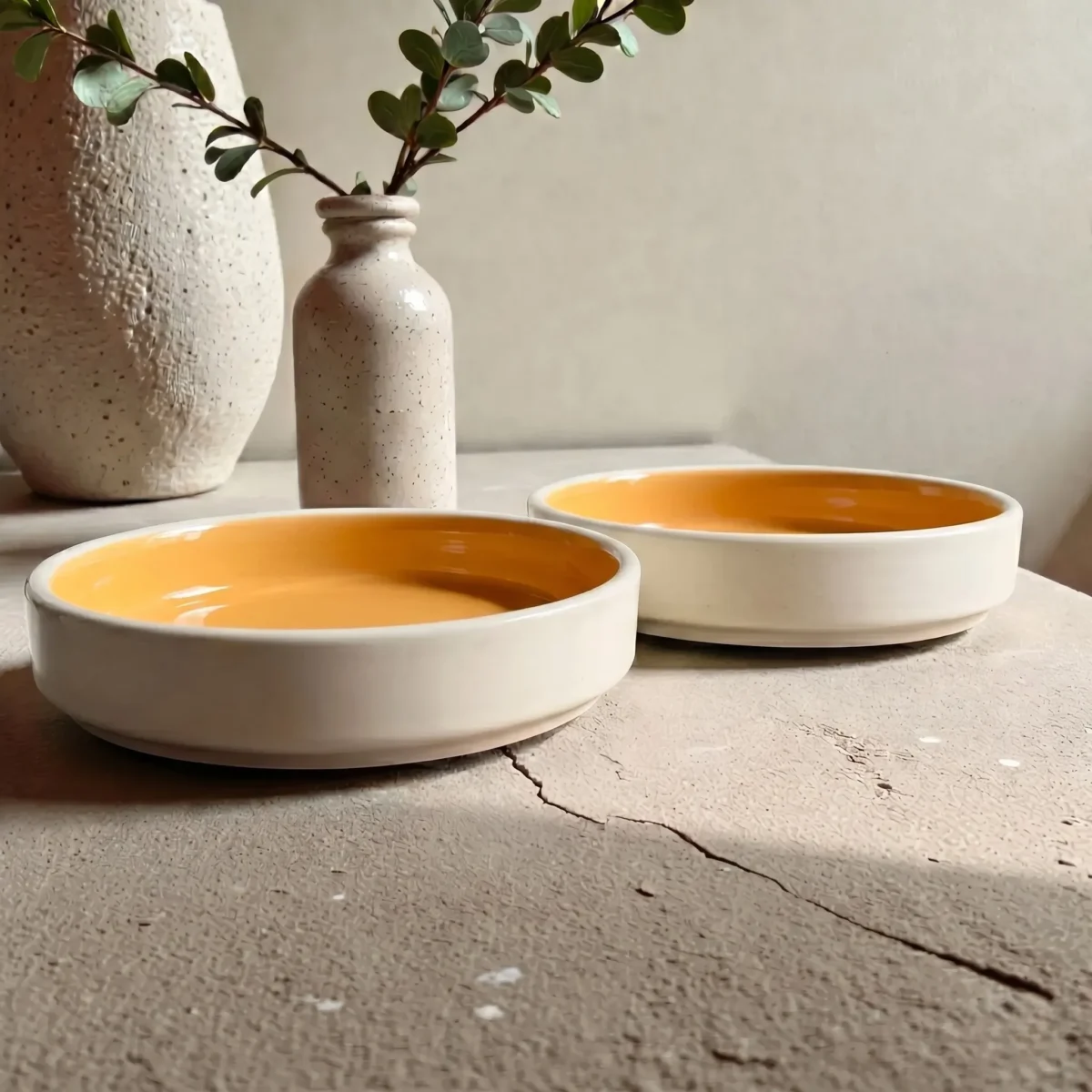 Harmiche Marigold Glow Handcrafted Ceramic Salad Bowls Set of 2 – Amber Glaze, Raised Rim, 8 Inch (8″ x 1.5″)