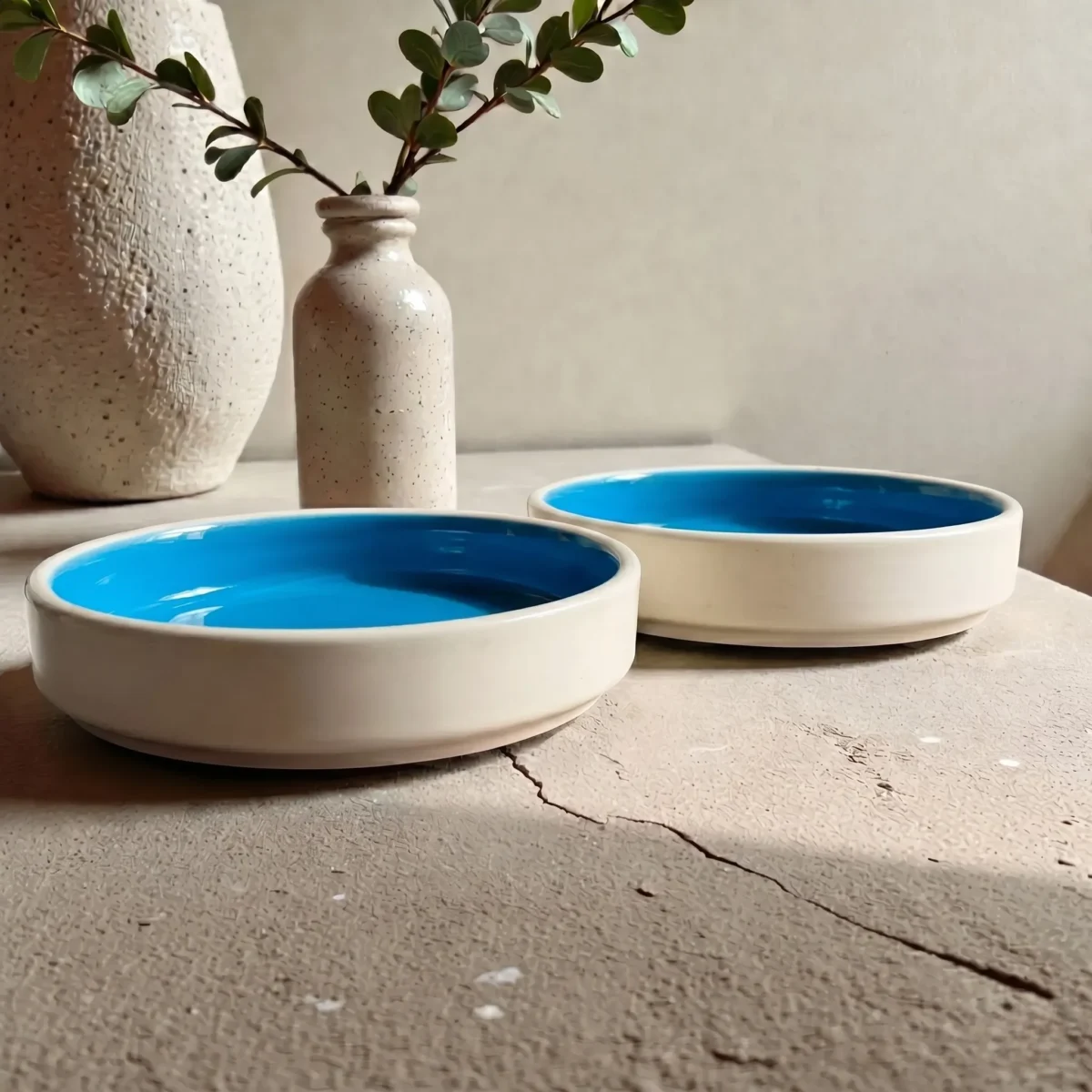 Harmiche Blue Lagoon Handcrafted Ceramic Salad Bowls Set of 2 – Cerulean Blue Glaze, Raised Rim, 8 Inch (8″ x 1.5″)