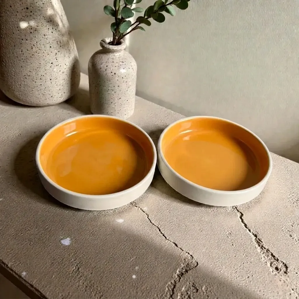 Harmiche Marigold Glow Handcrafted Ceramic Salad Bowls Set of 2 – Amber Glaze, Raised Rim, 8 Inch (8″ x 1.5″)