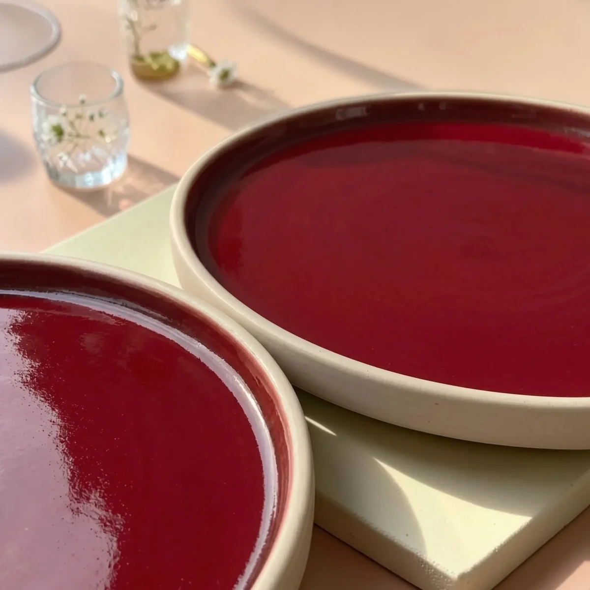 Harmiche Crimson Ember Handcrafted Ceramic Quarter Plates Set of 2 – Deep Red Glaze, Raised Rim, 8 Inch