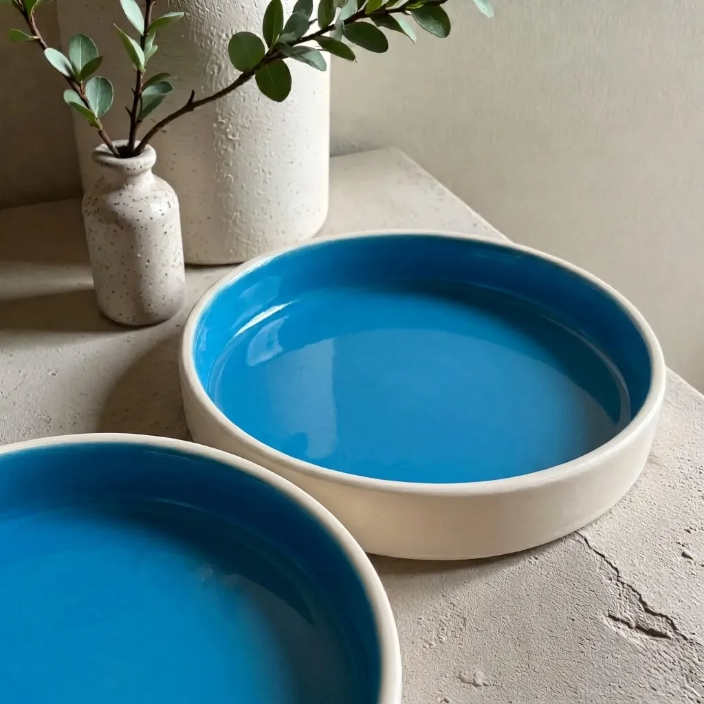 Harmiche Blue Lagoon Handcrafted Ceramic Salad Bowls Set of 2 – Cerulean Blue Glaze, Raised Rim, 8 Inch (8″ x 1.5″)