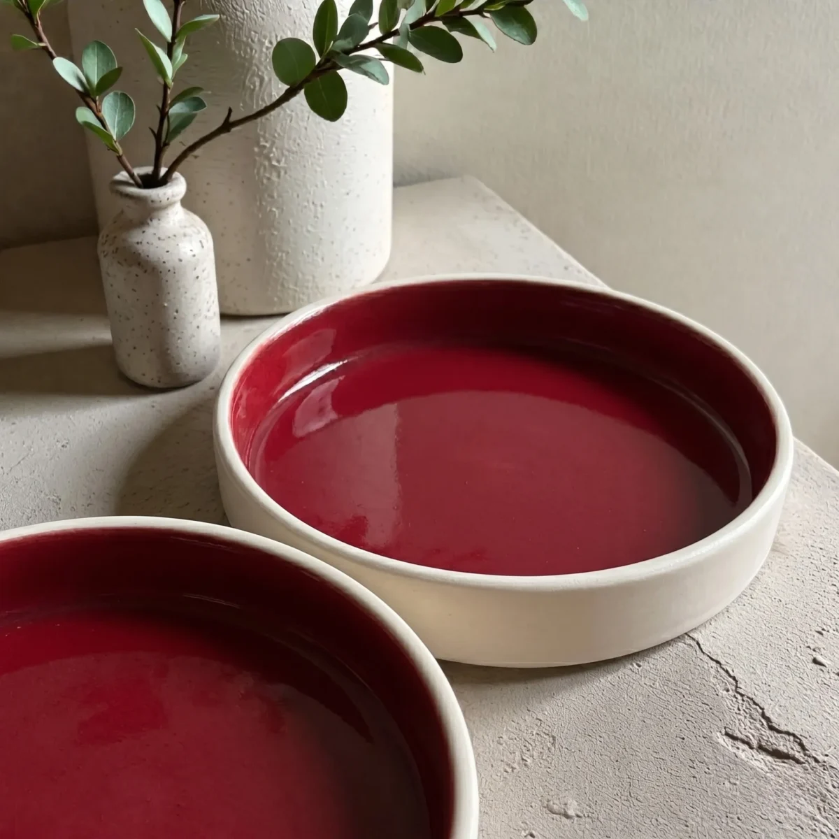Harmiche Crimson Ember Handcrafted Ceramic Salad Bowls Set of 2 – Deep Red Glaze, Raised Rim, 8 Inch