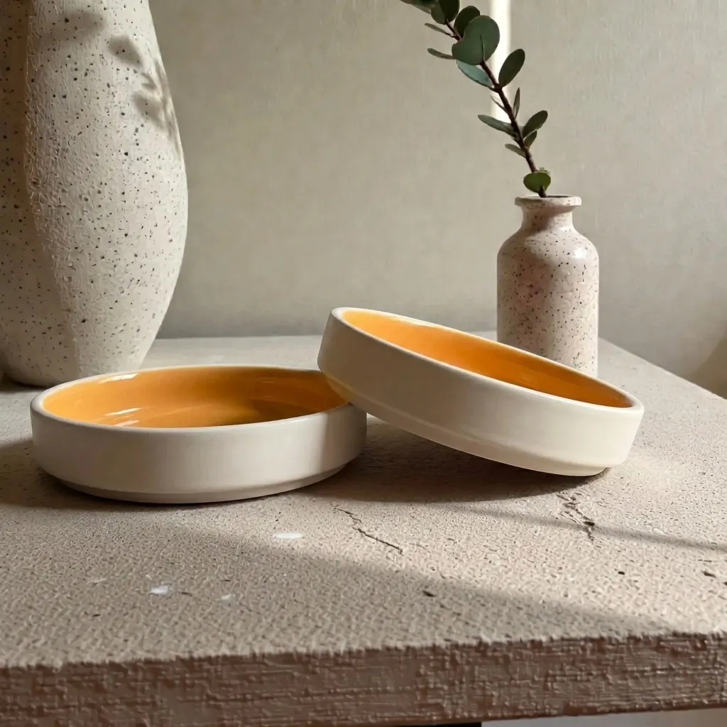 Harmiche Marigold Glow Handcrafted Ceramic Salad Bowls Set of 2 – Amber Glaze, Raised Rim, 8 Inch (8″ x 1.5″)