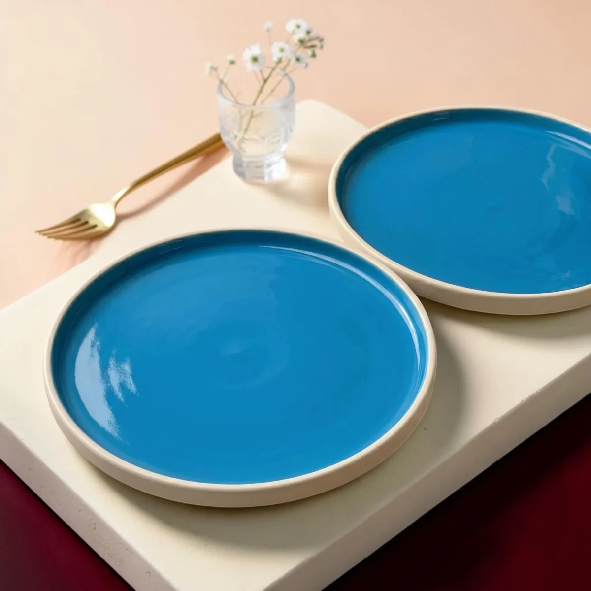 Harmiche Blue Lagoon Handcrafted Ceramic Quarter Plates Set of 2 – Cerulean Blue Glaze, Raised Rim, 8 Inch
