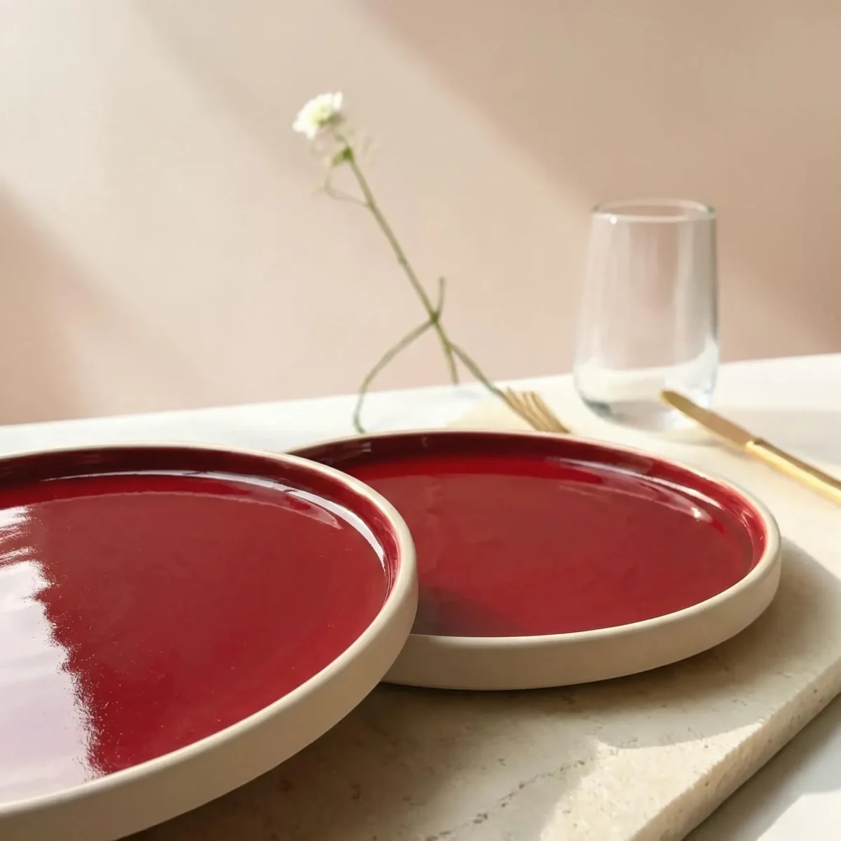 Harmiche Crimson Ember Handcrafted Ceramic Quarter Plates Set of 2 – Deep Red Glaze, Raised Rim, 8 Inch