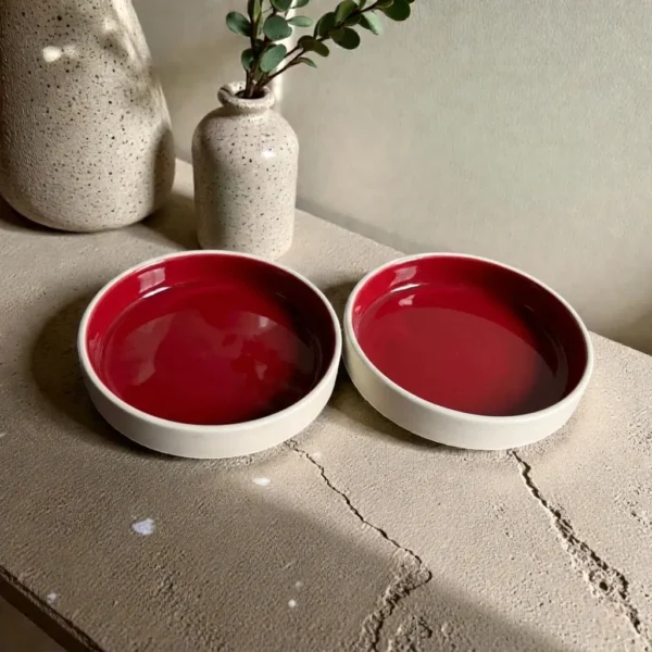 Harmiche Crimson Ember Handcrafted Ceramic Salad Bowls Set of 2 – Deep Red Glaze, Raised Rim, 8 Inch