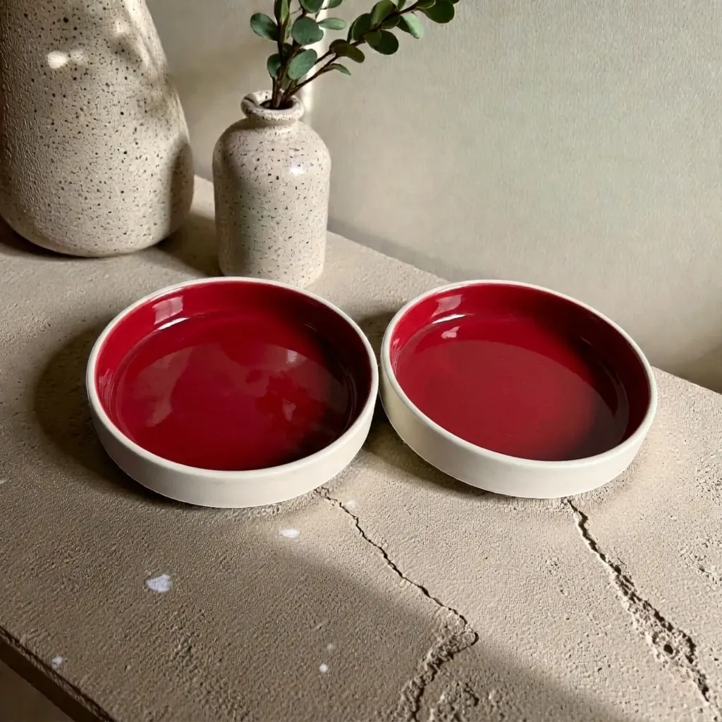 Harmiche Crimson Ember Handcrafted Ceramic Salad Bowls Set of 2 – Deep Red Glaze, Raised Rim, 8 Inch