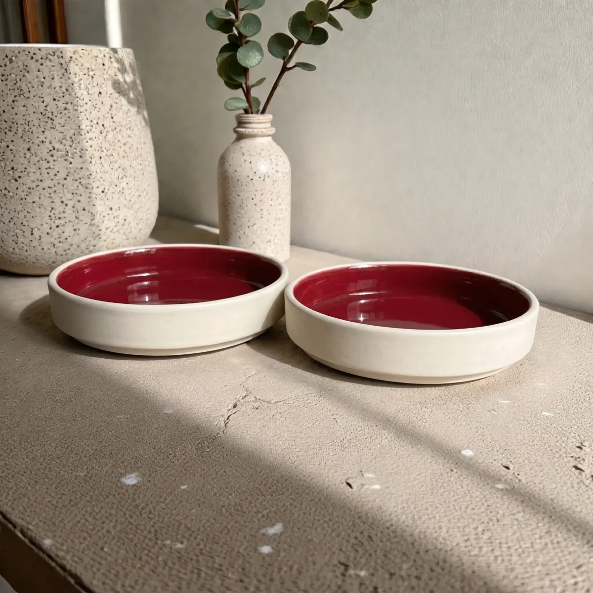 Harmiche Crimson Ember Handcrafted Ceramic Salad Bowls Set of 2 – Deep Red Glaze, Raised Rim, 8 Inch