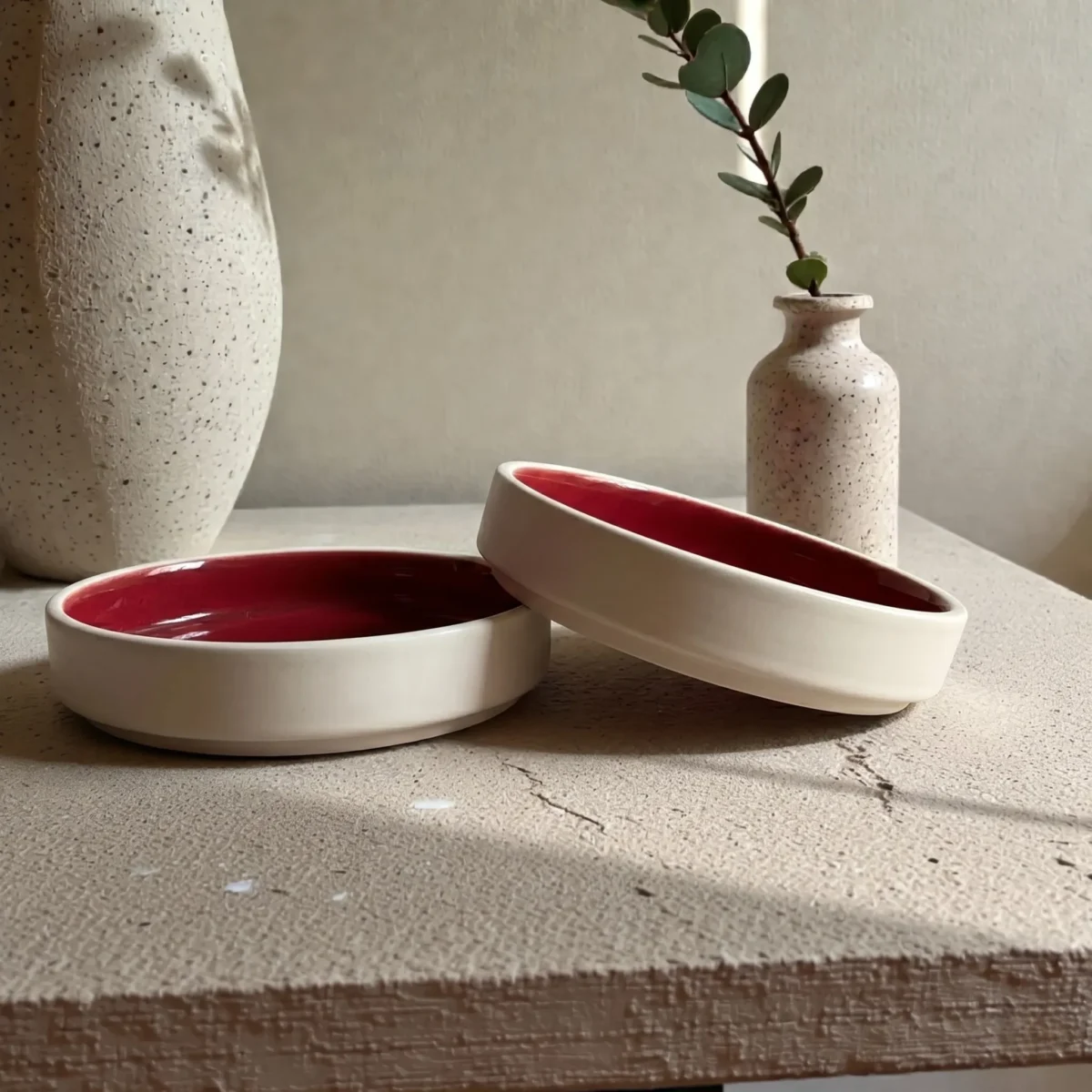 Harmiche Crimson Ember Handcrafted Ceramic Salad Bowls Set of 2 – Deep Red Glaze, Raised Rim, 8 Inch