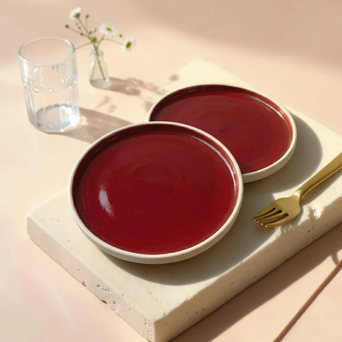 Harmiche Crimson Ember Handcrafted Ceramic Quarter Plates Set of 2 – Deep Red Glaze, Raised Rim, 8 Inch