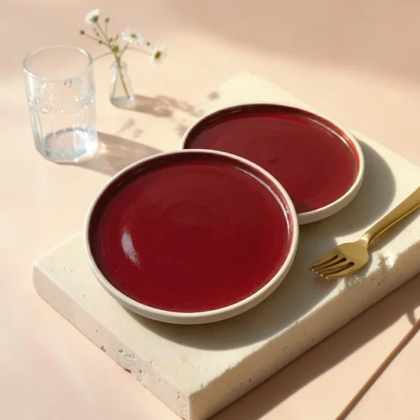 Harmiche Crimson Ember Handcrafted Ceramic Quarter Plates Set of 2 – Deep Red Glaze, Raised Rim, 8 Inch