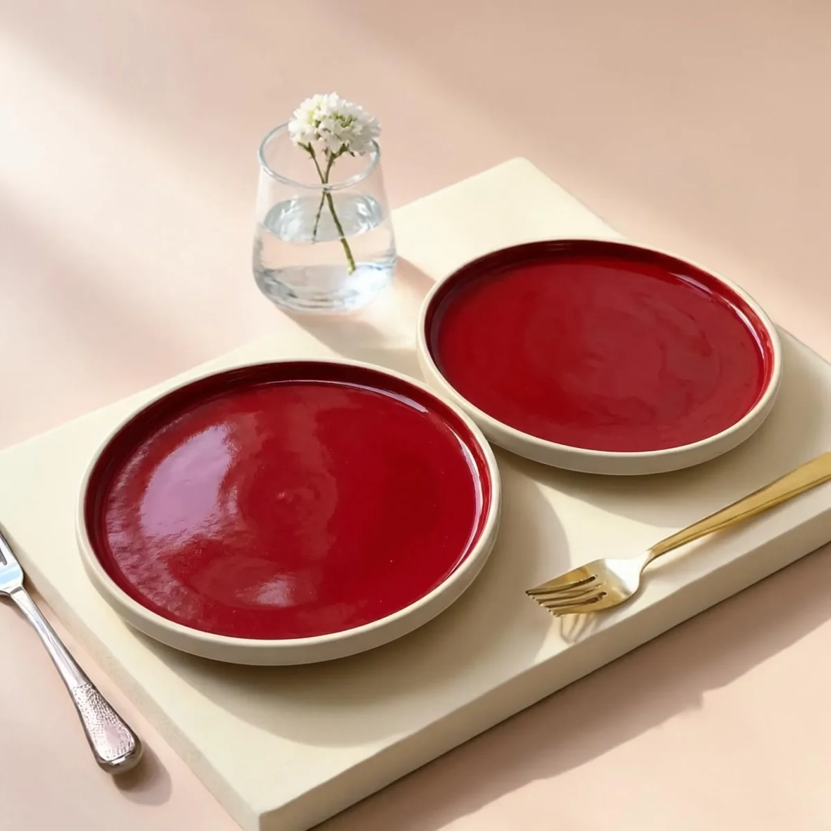 Harmiche Crimson Ember Handcrafted Ceramic Quarter Plates Set of 2 – Deep Red Glaze, Raised Rim, 8 Inch