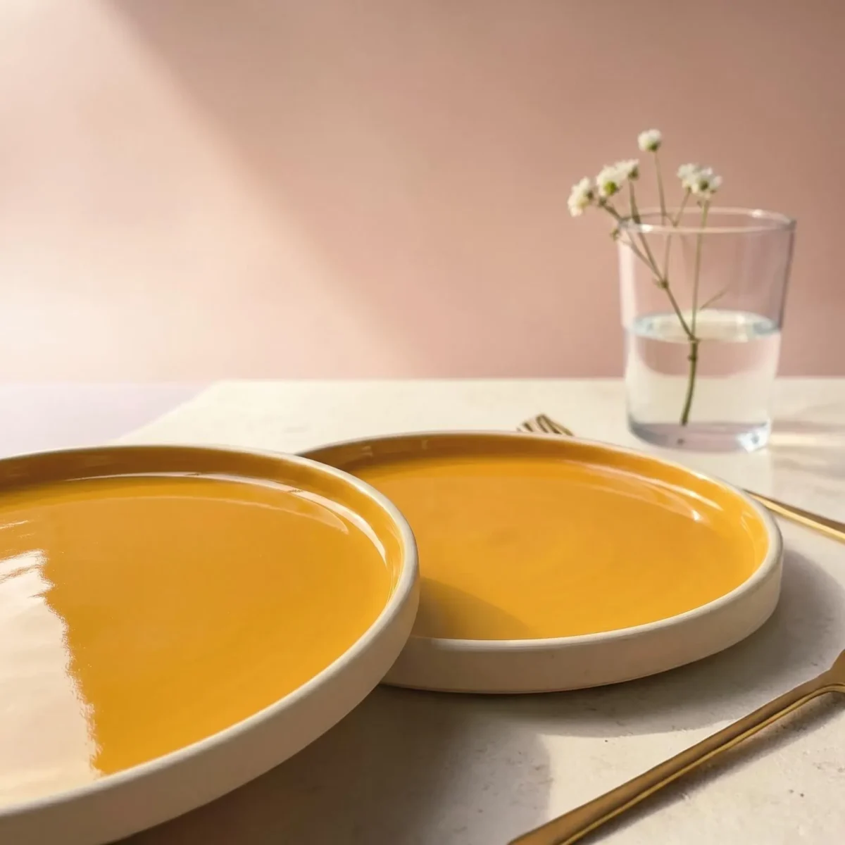 Harmiche Marigold Glow Handcrafted Ceramic Dinner Plates Set of 2 – Amber Glaze, Raised Rim, 10 Inch