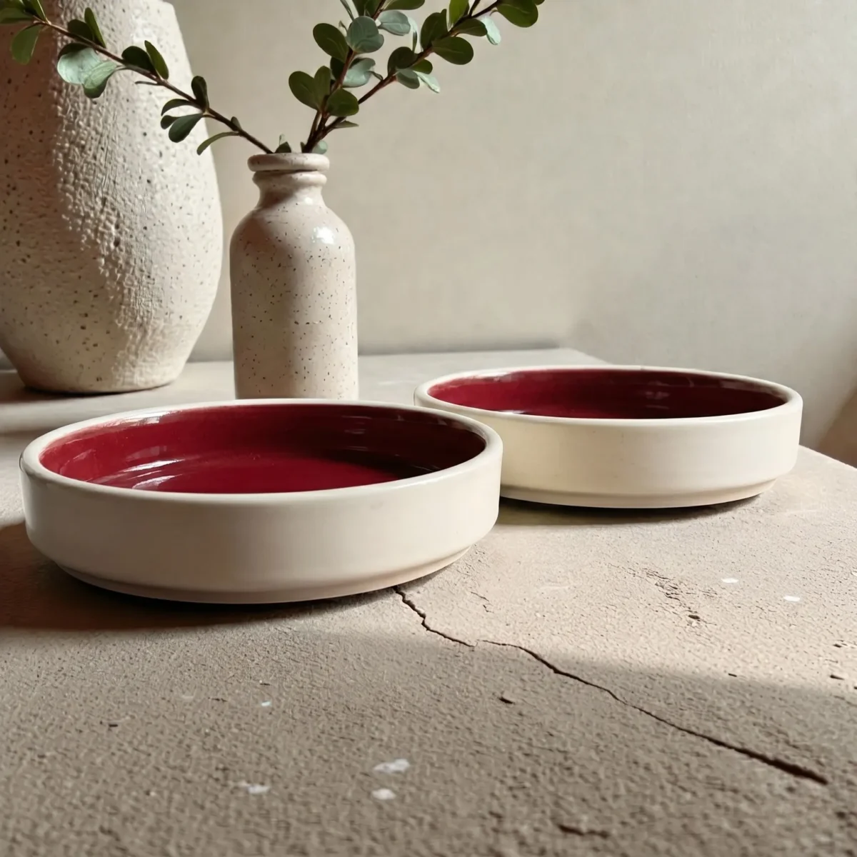 Harmiche Crimson Ember Handcrafted Ceramic Salad Bowls Set of 2 – Deep Red Glaze, Raised Rim, 8 Inch