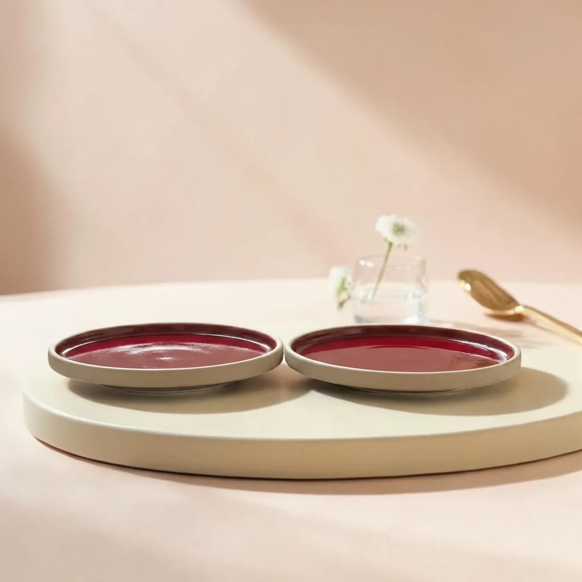 Harmiche Crimson Ember Handcrafted Ceramic Quarter Plates Set of 2 – Deep Red Glaze, Raised Rim, 8 Inch