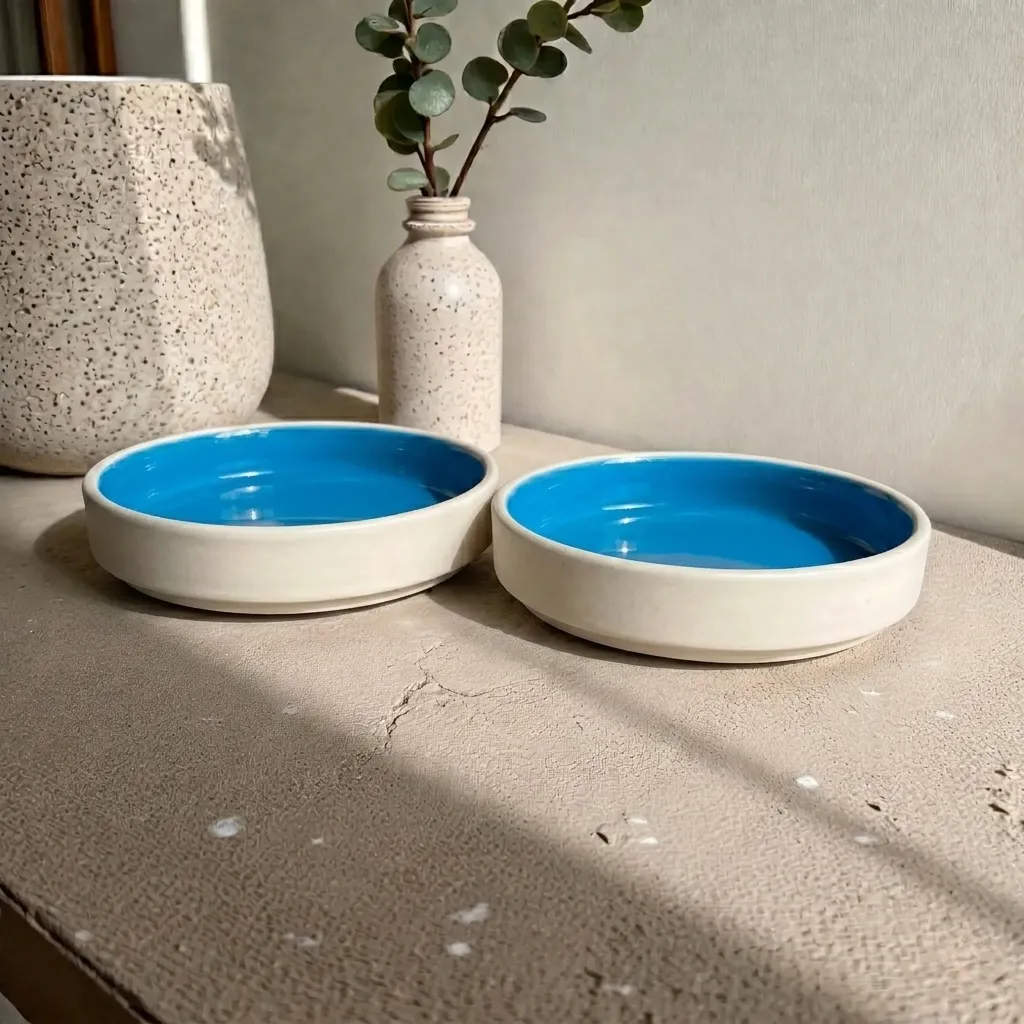 Harmiche Blue Lagoon Handcrafted Ceramic Salad Bowls Set of 2 – Cerulean Blue Glaze, Raised Rim, 8 Inch (8″ x 1.5″)