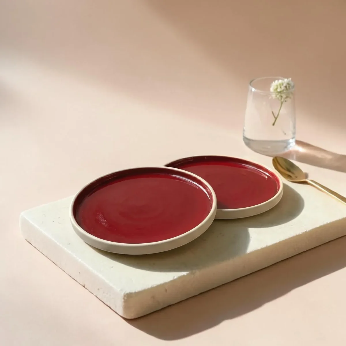 Harmiche Crimson Ember Handcrafted Ceramic Quarter Plates Set of 2 – Deep Red Glaze, Raised Rim, 8 Inch