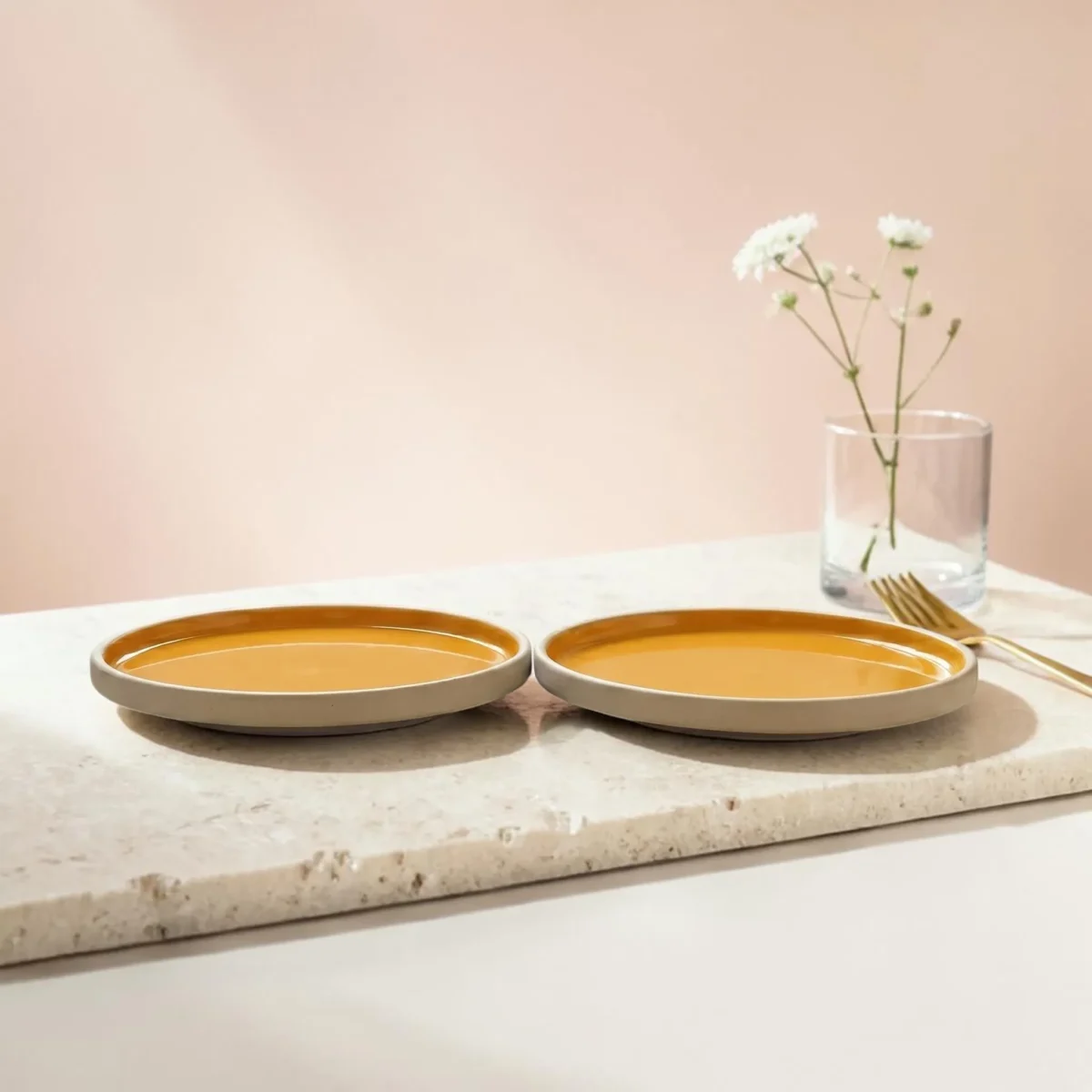 Harmiche Marigold Glow Handcrafted Ceramic Dinner Plates Set of 2 – Amber Glaze, Raised Rim, 10 Inch