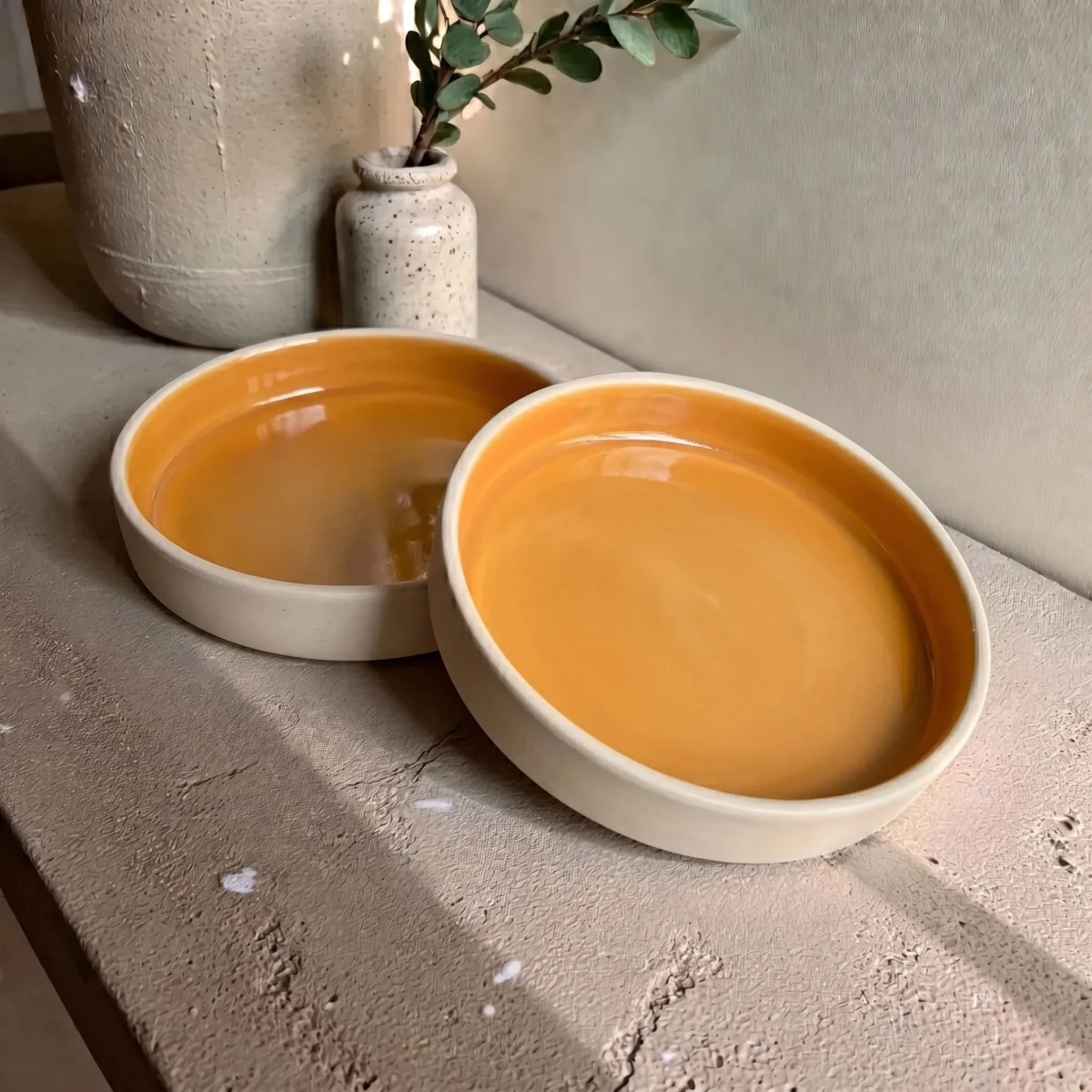 Harmiche Marigold Glow Handcrafted Ceramic Salad Bowls Set of 2 – Amber Glaze, Raised Rim, 8 Inch (8″ x 1.5″)