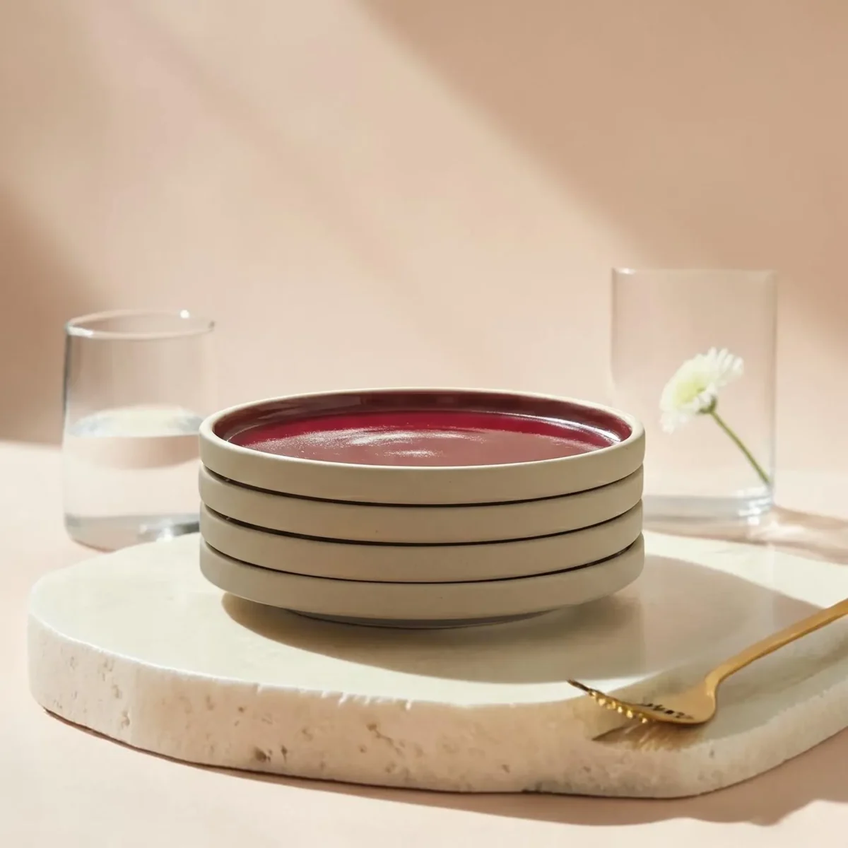 Harmiche Crimson Ember Handcrafted Ceramic Quarter Plates Set of 2 – Deep Red Glaze, Raised Rim, 8 Inch