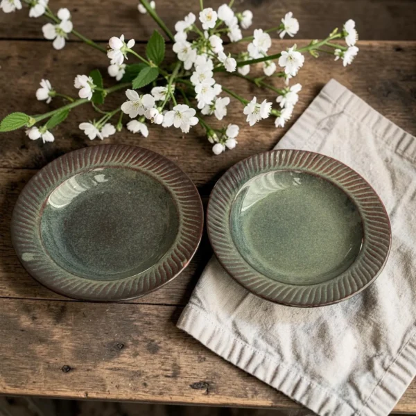 Harmiche Storm Ash Handcrafted Ceramic Pasta Plates Set of 2 – Carved Rim, Reactive Glaze, 10 Inch