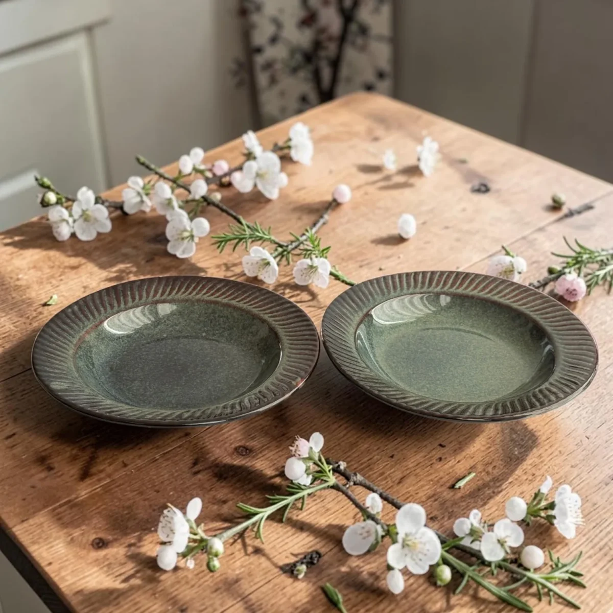 Harmiche Storm Ash Handcrafted Ceramic Pasta Plates Set of 2 – Carved Rim, Reactive Glaze, 10 Inch