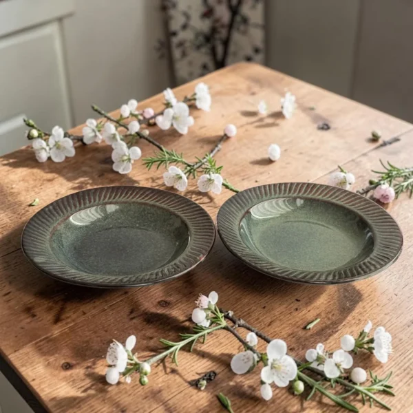 Harmiche Storm Ash Handcrafted Ceramic Pasta Plates Set of 2 – Carved Rim, Reactive Glaze, 10 Inch
