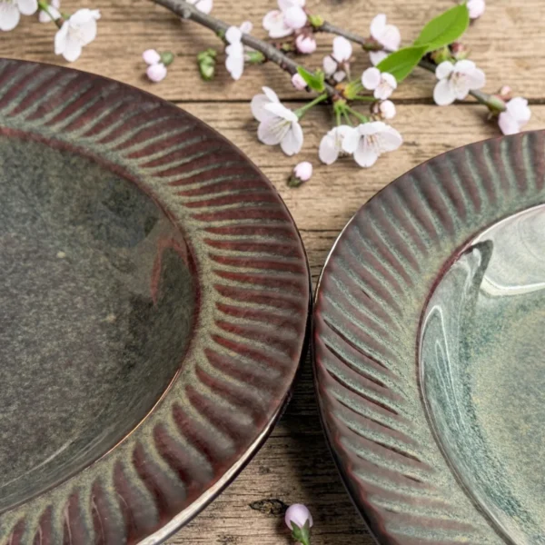 Harmiche Storm Ash Handcrafted Ceramic Pasta Plates Set of 2 – Carved Rim, Reactive Glaze, 10 Inch