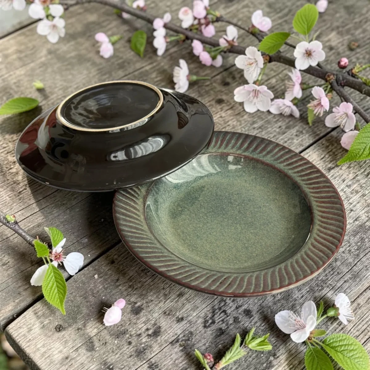 Harmiche Storm Ash Handcrafted Ceramic Pasta Plates Set of 2 – Carved Rim, Reactive Glaze, 10 Inch