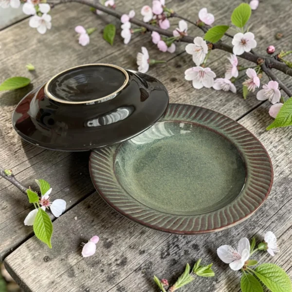 Harmiche Storm Ash Handcrafted Ceramic Pasta Plates Set of 2 – Carved Rim, Reactive Glaze, 10 Inch
