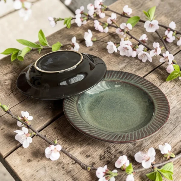 Harmiche Storm Ash Handcrafted Ceramic Pasta Plates Set of 2 – Carved Rim, Reactive Glaze, 10 Inch