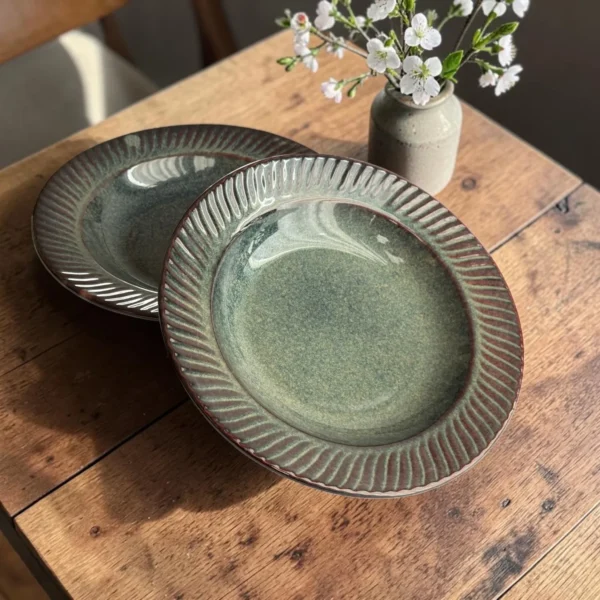Harmiche Storm Ash Handcrafted Ceramic Pasta Plates Set of 2 – Carved Rim, Reactive Glaze, 10 Inch