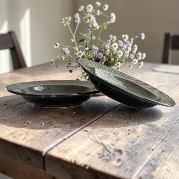 Harmiche Storm Ash Handcrafted Ceramic Pasta Plates Set of 2 – Carved Rim, Reactive Glaze, 10 Inch