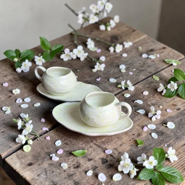 Harmiche Meadow Mist Handcrafted Ceramic Cup & Saucer Set of 2 – Speckle Glaze, 250ml
