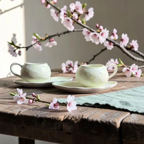 Harmiche Meadow Mist Handcrafted Ceramic Cup & Saucer Set of 2 – Speckle Glaze, 250ml