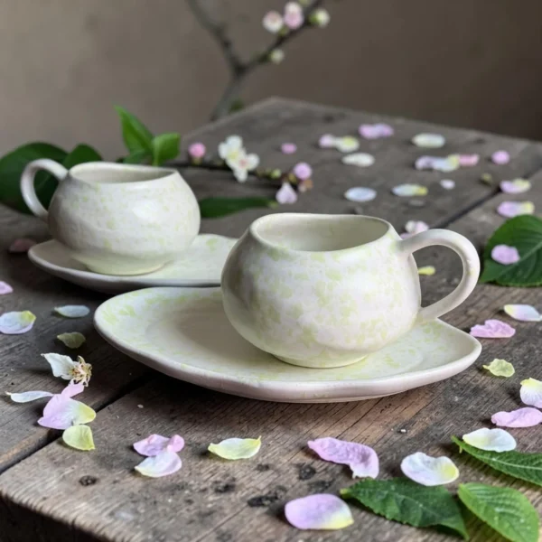 Harmiche Meadow Mist Handcrafted Ceramic Cup & Saucer Set of 2 – Speckle Glaze, 250ml