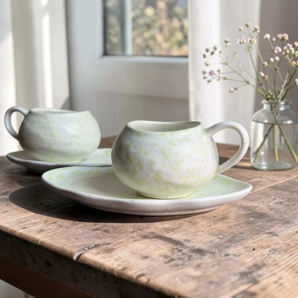 Harmiche Meadow Mist Handcrafted Ceramic Cup & Saucer Set of 2 – Speckle Glaze, 250ml