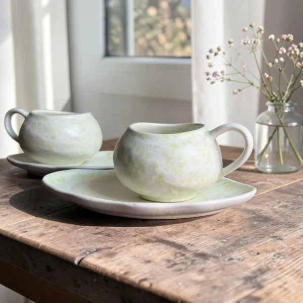 Harmiche Meadow Mist Handcrafted Ceramic Cup & Saucer Set of 2 – Speckle Glaze, 250ml