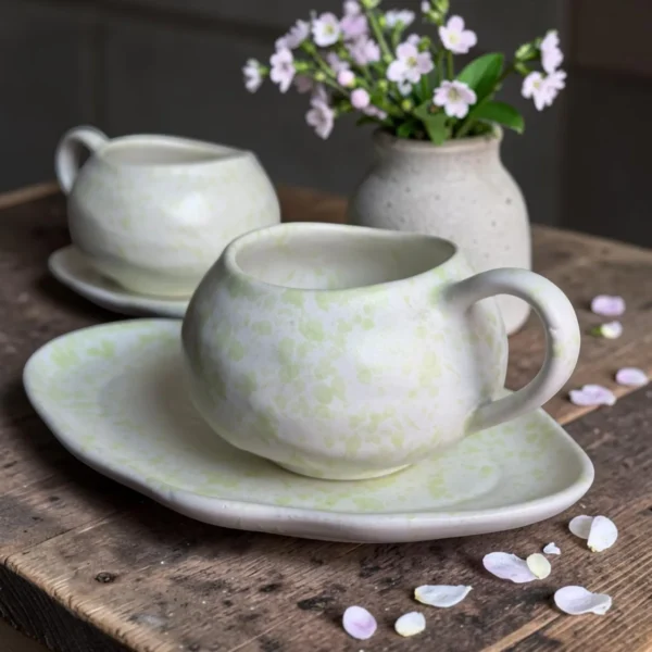 Harmiche Meadow Mist Handcrafted Ceramic Cup & Saucer Set of 2 – Speckle Glaze, 250ml